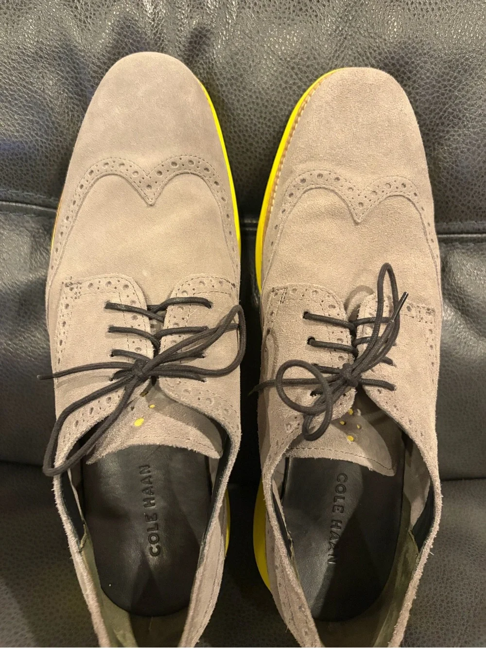 Cole Haan Grey Suede Wingtip Oxford with Yellow Sole